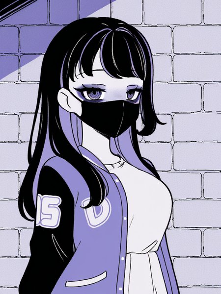 1girl, monochrome, purple theme, 

black hair, long hair, two tone hair, purple hair,

standing, upper body, brick wall,
looking at viewer, black mask, mouth mask, narrowed eyes, bags under eyes,

white t-shirt, varsity jacket, 
