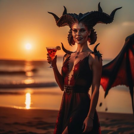 cinematic photo full body portrait of  an elegant 1girl, smile, breast, demon horns, demon wings, blood, summer dress, having a cocktail on the beach, sunset <lora:Diablo4-1024:0.8> . 35mm photograph, film, bokeh, professional, 4k, highly detailed