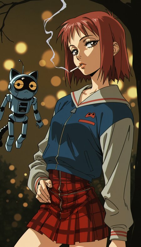 (cowboy shot, flcl, dandadan, seductive, narrowed_eyes, retro, retro_artstyle, 1990s_\(style\), sketch, blurry, bokeh, retro, vhs_filter, vhs_artifacts)
((FDK-Illu, flcl 
samejima_mamimi 1girl brown_eyes cigarette full_body lips long_sleeves black_cat looking_at_viewer outdoors plaid_clothes plaid_skirt red_hair robot sailor_collar school_uniform short_hair skirt smoking tree ))