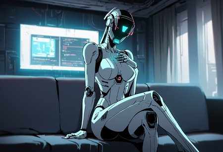 score_9, score_8_up, score_7_up, depth of field, raw, highly detailed, 1girl, solo, medium breasts, female robot, robot girl, tall, skinny, head screen, helmet, long pink ponytail, standing, luminescent futuristic screen, window, futuristic city in the background, screen for head, no face, head display with crt  glowing screen, digital face, digital eyes, digital mouth, medium breasts, chest, hand on own chest, thighs, metal body, vivid colors, neon glow, moody lighting, futuristic apartment, couch, sofa, table, curtains, crossed legs,
<lora:scav3ngersV4_epoch_3:1>,