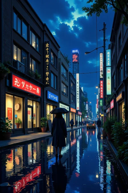 a rainy day in the city beautiful  landscape, evening, woman, very intricate, very detailed, sharp, bright, colorful, <lora:Hand v2:0.5> <lora:Anti-Blur:1><lora:Insane Detail Slider:0.25>  <lora:flux.1_lora_flyway_Epic-detail_v2:0.3> <lora:fluxenhancer:0.25> <lora:Anime_style:0.6> anime style