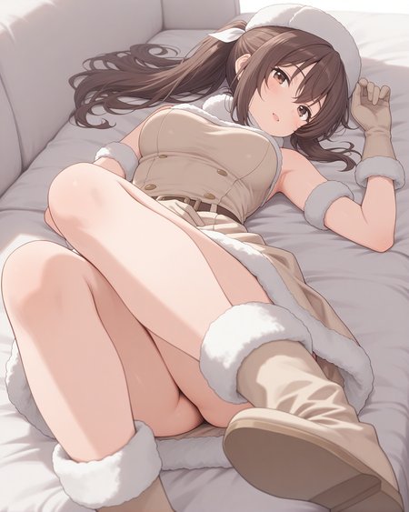 (beige dress fur-trimmed dress fur-trimmed hat fur-trimmed gloves fur-trimmed boots:1.50), 
bof-sally, brown eyes, (brown hair), sidelocks, bangs, hair between eyes, ponytail, white hair ribbon,
medium breasts, 1girl, 
(masterpiece, highres, ultra-detailed,very aesthetic, best quality, absurdres, high quality, highres), 
happy,
lying down,
(feet:1.10), 
BREAK,
,
,
(solo:0.80), (skinny:0.8),
(),
<lora:bof-sally-V02-illXL:0.80>