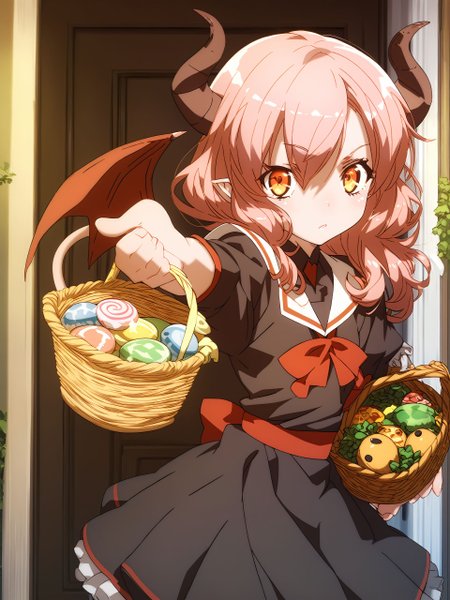 score_9,score_8_up,score_7_up,score_6_up,source_anime, shiny, shiny skin, <lora:haganai.pony:0.8>, <lora:MeMaXL_V3:0.8>, <lora:naipony2:0.8>, 
in front of the door stood a (succubus) holding a candy basket filled with jack-o-lanterns, dressed in Imp (sailor suit) style, His flat chest was bandaged. Her suspenders were adorned with lace trim and a small bat sticker on her boyish face added to her cute, mischievous charm. She had a (devilish tail and wings), (brown-gray shoulder-length hair), a charming expression with her fingers on her lips, There was a faint pink flush on her cheeks.