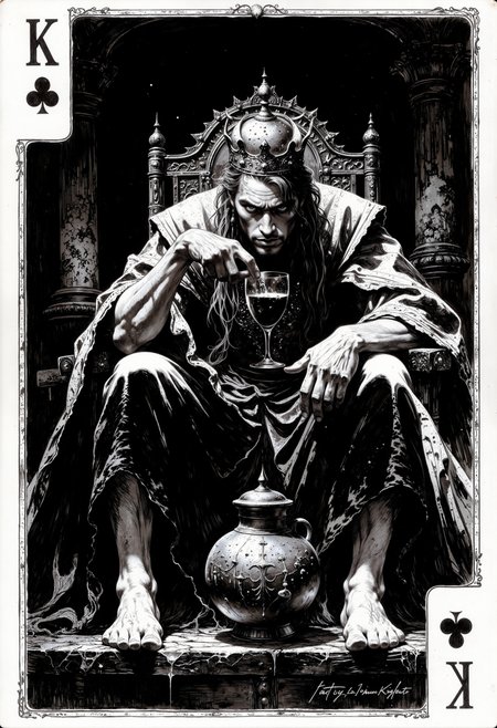 A detailed black and white pencil sketch that combines the following elements into a cohesive and harmonious design. King playing card design, featuring a young ruler with a majestic crown, depicted in a dark and mystical atmosphere, sitting in a throne, drinking wine. Impressionist style highlights intricate details and textures, with an emphasis on dramatic contrasts of black and white. King card, a regal figure with long, flowing hair and a crown. The scene is created in a hyperrealistic style, capturing intricate details of the character's weathered hands and ornate robe. Rich contrasts of black and white enhance the dramatic elements, with deep shadows and bright highlights.The King comes to life, emerging from the card as if it were passing through space.The overall mood is mysterious and regal, embodying a sense of lust and power., B&W, fantasy oil painting in the style of fr4z3tt4<lora:Flux/Frank_Frazetta_Style_Oil_Painting_flux.safetensors:0.4:0.4> <lora:Flux/Wraith_BW_Flux.safetensors:0.5:0.5> <lora:Flux/MysticFantasy.safetensors:0.5:0.5>