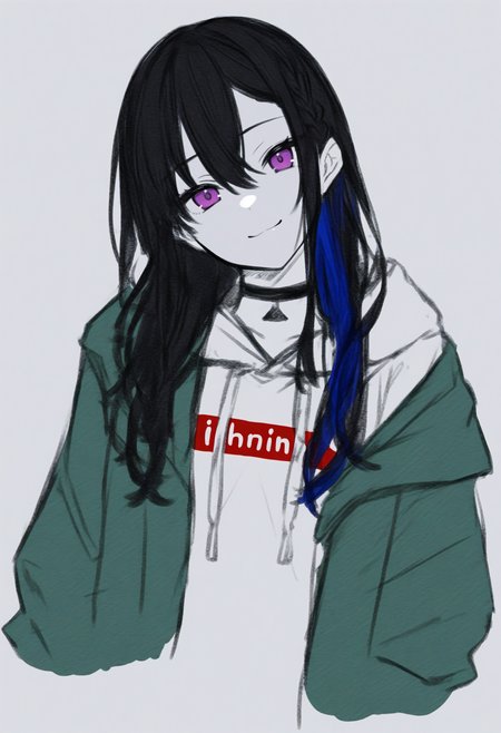 masterpiece, best quality, 1girl, solo, Ichin0seDef, purple eyes, multicolored hair, black hair, blue hair, long hair, braid, black choker, white hoodie, clothes writing, green jacket, off shoulder, spot color, greyscale, monochrome, lineart, sketch, graphite \(medium\), traditional media, cropped torso, looking at viewer, smile, head tilt, three quarter view, <lora:ChamIchinoseUruhaNoob:1>