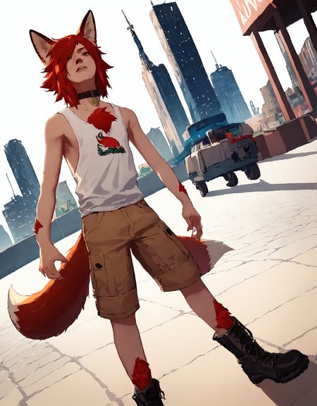 score_9, score_8up, score_7up, score_6up, score_5up, score_4up, solo, male, city, detailed background, (elphkun, red hair, fox ears, chest tuft, arm tufts, leg tufts:1.2), 2tails, white tank top, logo on shirt, cargo shorts, boots, dutch angle, source_anime, rating_explicit, <lora:Elphkun:1>  <lora:Anime Style 2 SDXL_LoRA_Pony Diffusion V6 XL:1>