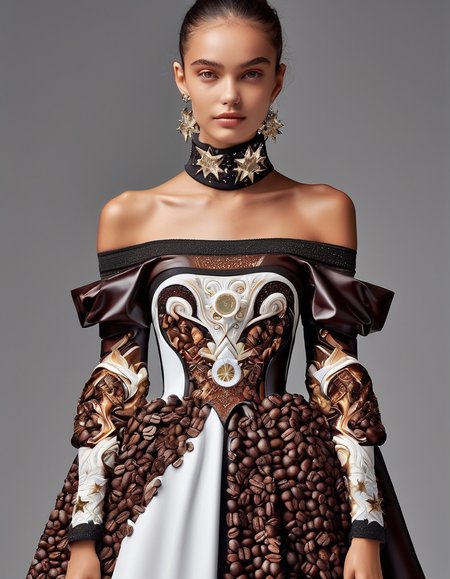 ((best quality)), ((masterpiece)), ((realistic,digital art)), (hyper detailed),DonMC0ff33Ch0c, upper body clothing, Off-the-Shoulder Neckline, Thermal-regulating Bio-plating, Star,, Rumo's Rubber, Cuffed Sleeves, Midi Length, Empire Waist,  Logo Placement,Detachable Train, Tie Closure  , organic, irregular shapes , <lora:DonMC0ff33Ch0c_XL-000009:1.0>