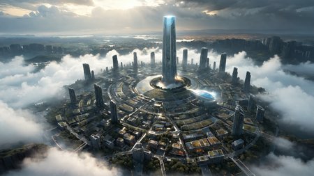 photorealistic, detailed digital illustration of a futuristic city floating in the clouds, <lora:xl_more_art-full_v1:0.4>,<lora:EnvyPanoramaXL01:0.8>, <lora:sdxlaarg_aerial:0.8> archiaerialview, <lora:Arcane_Ruins_XL:0.7> arcane ruins, Chiaroscuro