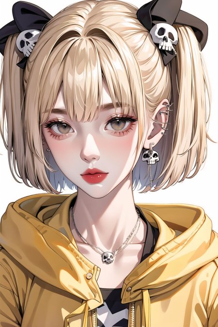 1girl, bangs, black nails, blonde hair, closed mouth, collarbone, ear piercing, earrings, fashi-g, hair ornament, hood, hoodie, jacket, jewelry, looking at viewer, medium hair, nail polish, necklace, piercing, short hair, skull, skull hair ornament, sleeves past wrists, solo, two side up, upper body, v, white background