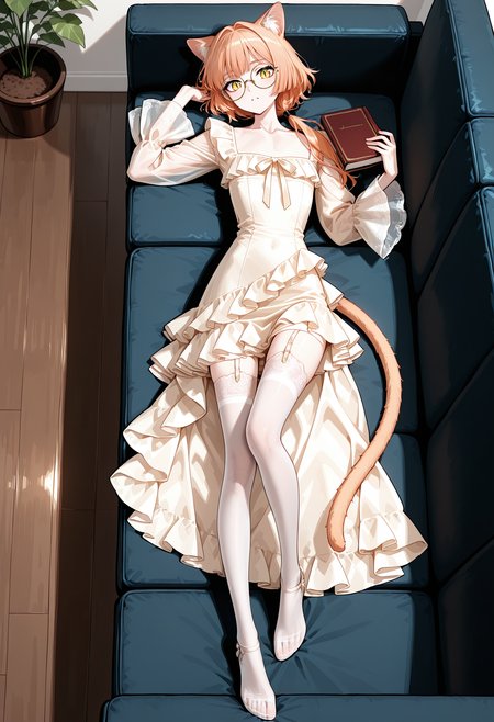 living room,
solo,1boy, trap, skinny, light orange cat ears, light orange  cat tail,low ponytail, air_ bangs, (light orange  hair), yellow eyes, slit pupils, round glasses,
holding book, lying on sofa, lying on back, looking at viewer, full body, from above, stockings, lace stockings,
matakawadress, long dress, long sleeves, asymmetrical skirt, frills dress, bare neck,  <lora:MatakawaDressIlv2:1>,
 <lora:gogalkingIL-style:0.8>