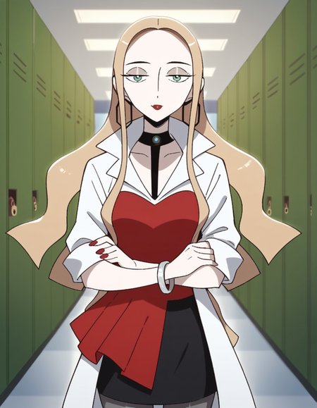 score_9, score_8_up, score_7_up, source_anime, <lora:pokemon-oleana-twilight-wings-ponyxl-lora-nochekaiser:1>, oleana, long hair, blonde hair, green eyes, makeup, half-closed eyes, red lips, forehead,, skirt, shirt, jewelry, pantyhose, earrings, choker, black skirt, bracelet, coat, black choker, blouse, red shirt, red nails, hoop earrings, white coat, grey pantyhose, school hallway, lockers, between classes, everyday life, smile, looking at viewer, solo,, cowboy shot, dutch angle