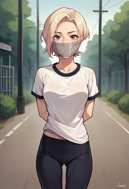 score_9,score_8_up,score_7_up,score_6_up,score_5_up,score_4_up,
1girl, gym shirt, leggings,
solo, cowboy shot, outdoors,
tape gag,
<lora:wrapgagponyxl10:1>