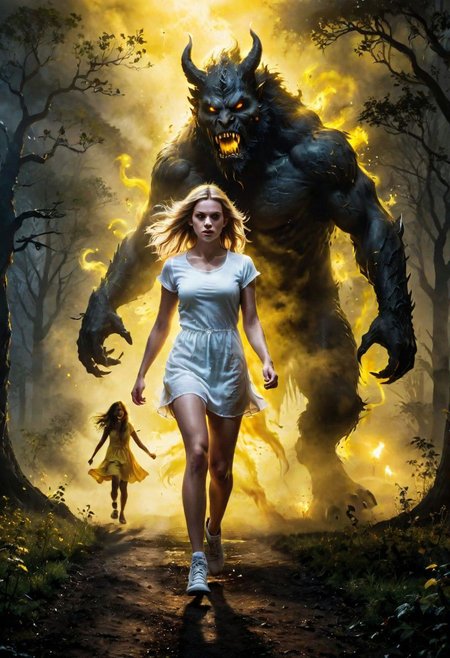 a beautiful white girl is walking through the park at night, She senses that something is following her, (behind her appearing from the shadowy mist is a scary beast, she tries to run away from the beast, the beast has hold of her arm, yellow DEVIL SPAWN