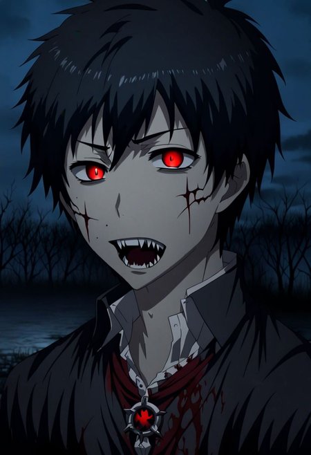 high resolution, solo, best quality, 1Boy, Arata Kaizaki, Black Hair, night, vampire, gloomy eyes, horrorcore, OverallDetail