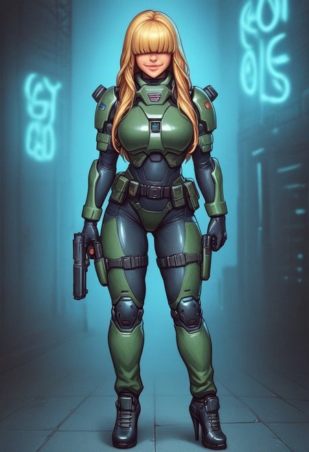 1girl, ((front view))), looking at viewer, highly detailed, from front, 1girl, skinny, looking at viewer, masterpiece, best quality,
raw, extremely detailed, hyperrealism, photo, perfect anatomy, <lora:grewishka_alita_pxl:1> source_photo, source_real, robot, cyborg, android, solo, looking at viewer, 1girl, full body, ((special force camo armor)), high heels, neon_lights, dynamic pose, pistols in hands
BREAK
fang smile, looking at viewer, long hair, ((blonde highlighting hair)), (((hair over eyes, front bangs))), long hair, dynamic pose
best quality, depth of field, bokeh, (((full clothed))), ((special force camo armor)),
BREAK
((((big futuristic gun in hands)))), (big futuristic pistol in hands:1.3), sc-fi soldier, dynamic pose, military camo armor
(((((rooftop, night city, neon lights))))) score_9, score_8_up, score_7_up, score_6_up, source_cartoon, rating_explicit, Expressiveh, (((((full body))))), dynamic pose