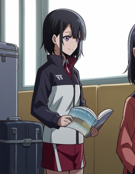 score_9, score_8_up, score_7_up, source_anime, <lora:yuika-shiwahime-s1-ponyxl-lora-nochekaiser:1>, yuika shiwahime, short hair, black hair, purple eyes,, shirt, jacket, necktie, shorts, sleeves past wrists, track jacket,, airport, waiting area, suitcase, flight delayed, passengers, reading book, smile, , from side, solo,, dutch angle, cowboy shot