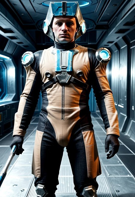Corpus crewman in a spaceship corridor, science fiction,  dramatic shot, male focus, 1boy, male corpus crewman wearing corpus crewman helmet,  robot, rectangular helmet, blue light bar on helmet, brown and black corpus crewman suit, (helmet with hard edges, helmet with a flat front face, helmet with hard corners, helmet with blue light strip), black shoulder pad, tubes from metal chest plate, black gloves with silver palms, blue circle near hips,  metal bands below fore arm, fit, athletic build, square patch on thigh, holding electric baton,
realistic texture, realism, best quality, 
(((Corpus, corpus crewman, Tan and black corpus suit, corpus tileset,    Corpus helmet, wearing helmet, wearing corpus helmet,))) moa in the background, two legged robot in the background,