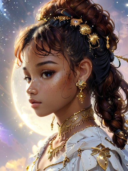 masterpiece,high resolution,8k,
 <lora:celestial_warriorXL:0.8>,celestialwarrior, 
1girl, solo, jewelry, freckles, earrings,side view