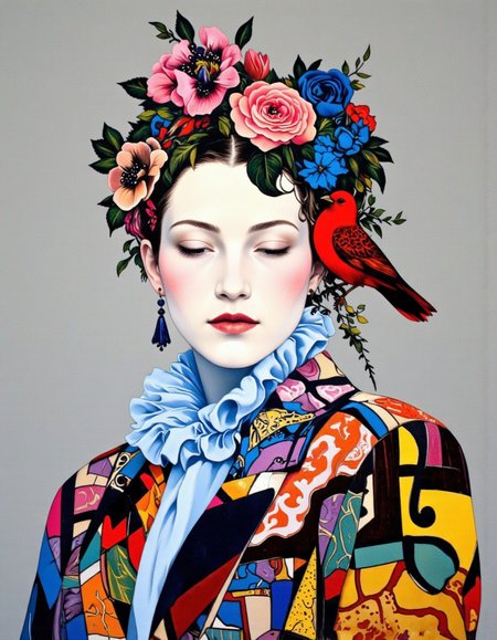 Art by Caroline Smith. A vibrant and colorful portrait of a woman with a stylized silhouette, adorned with floral elements and a bird perched on her head. the woman, who appears to be in her mid-twenties, has a fair complexion and is facing the viewer with her eyes closed. she is wearing a blue ruffled scarf around her neck and a colorful, abstract patterned jacket with a patchwork design. her hair is styled in a bun adorned with pink and blue flowers, and she has a serene expression on her face. the background is a plain grey, and the overall style is reminiscent of modern art with bold colors and intricate patterns. on the right side of the image, a red bird is perched on the woman's head, adding a touch of whimsy to the scene.