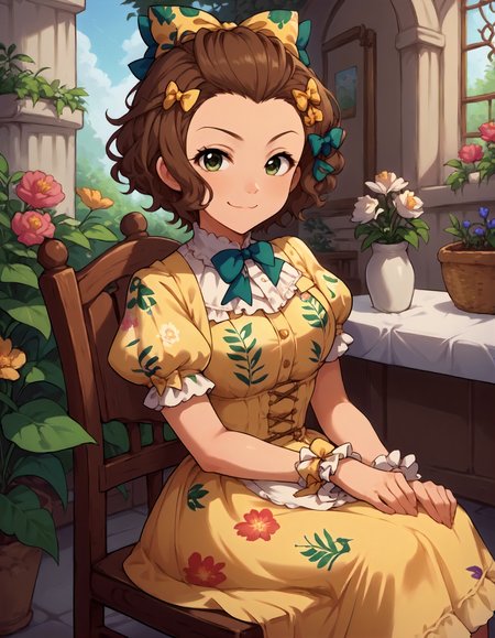 score_9,score_8_up,score_7_up,1girl,solo,sitting,on chair,looking at viewer,smile,closed mouth,garden,
<lora:nanbaemi_ponyXLV6:0.8>,cgne,
brown hair,short hair,wavy hair,green eyes,
hair bow,yellow dress,puffy short sleeves,floral print,skirt,wrist cuffs