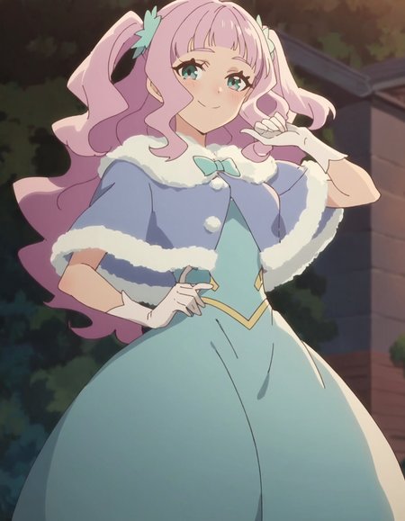 score_9, score_8_up, score_7_up, anime screencap, solo,1girl,elleechanta,  smile, gloves, looking at viewer, dress,capelet, white gloves, puffy sleeves,cowboy shot,medium breasts,blush ,<lora:elleechanta:0.8>