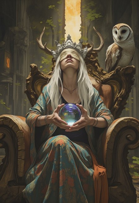 comic art by Mike Allred, 
style of Ted Nasmith, 
Blindfolded elven oracle seated on a throne of roots and bone, long white hair spilling over embroidered robes, silver crown of antlers, glowing crystal orb hovering in one hand, faint trails of magic swirling from her fingertips, owl perched on her shoulder, backdrop of a broken cathedral overgrown with vines, dramatic oil lighting, deep shadows pierced by golden divine beams  
, masterpiece,
art by torikun, SentinelBot, OBxiaoxiang