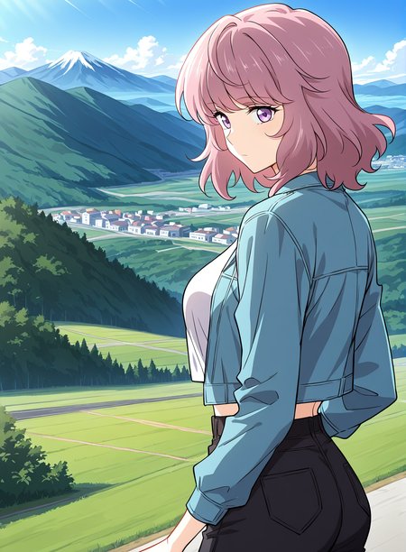<lora:Immortal_Swordsman_In_The_Reverse_World__Chu_Xiao:1>
1 girl, solo, medium hair, wavy hair, pink hair, purple eyes, 
cropped t-shirt, light blue open jacket, black skinny pants, casual outfit, 
score_9, score_8_up, score_7_up, source anime, BREAK, cowboy shot, (from side), looking back, looking at viewer, overlooking mountain, high altitude, scenery, exterior, background