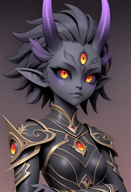3DMM, ((te'kharoth, third eye), tail, horns), short hair, messy hair, black sclera), 1girl, amber eyes, armor, crossed arms, upper body, small breasts, ornate armor, fantasy, magical aura, simple background, gradient background