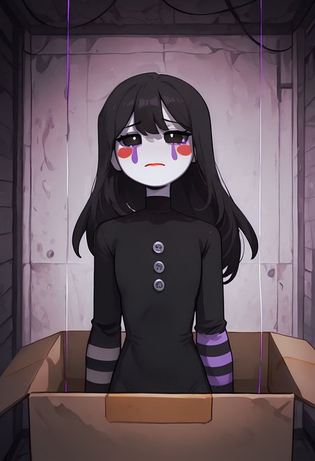 masterpiece, best quality, amazing quality, very aesthetic, absurdres, newest, detailed background, foreground blur, (( cartoon,  )),
charlieemily, 1girl, black hair, long hair, black eyes, gray skin, square hair, square eyes, purple tears, purple tears down cheeks, 
((inside box, black body suit, stripped sleeves, loose sleeves, , ))
purple tears, lipstick, red cheeks, puppet strings, upper body cowboy shot, loose sleeves, long sleeves, turtleneck body suit, black body suit,