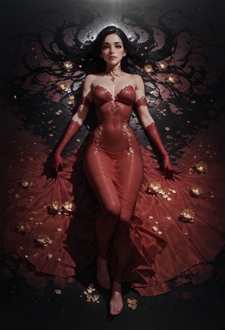 score_9, score_8_up, score_7_up,  1girl, full body, view from above, black hair, laying, posing, red dress, opal, feet, looking at viewer, bright particles, darkness, gloom, red lace gloves, golden cherry blossom tones, Japanese aesthetic, lilies, explosive bright particles in the form of sparks of light, gold collar, black theme, black background  <lora:pony/twilight_style:0.8> concept art, realistic <lora:pony/expressiveh:0.8> expressiveh <lora:sdxl/princess_xl_v2:0.8> <lora:sdxl/sinfully_stylish_sdxl>