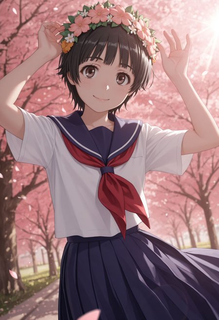 masterpiece,best quality,absurdres,highres,very aesthetic,high quality,detailed,insanely detailed,beautiful,perfect lighting, looking at viewer, looking at viewer, smile,
, happy, outdoors, petals, sakura trees, lens flare, sun rays, looking at viewer, dutch angle,  dynamic pose,   <lora:Uiharu Kazari:1> 1girl, short hair, black hair, brown eyes, head wreath, sakugawa school uniform, summer uniform, serafuku, sailor collar, red neckerchief, blue skirt, pleated skirt, long skirt,