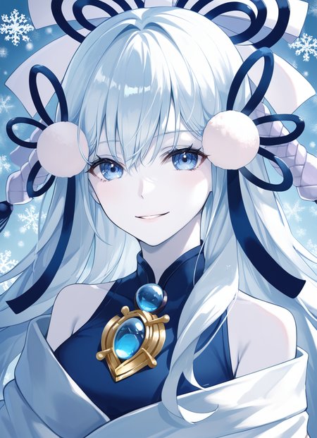 (score_9:0.9),score_8_up,score_7_up,rating_safe,(zPDXL3),(zPDXL),
masterpiece,intricate details,anime,4k,best quality,anime style,
<lora:Yuki-Onna, the Absolute Zero Mayakashi ponyXL v1:0.75>,blue theme,winter,
yuki-onna the absolute zero mayakashi,1girl,solo,smile,white japanese clothes,upper body,looking at viewer,(white skin),sash,black hair ribbon,blue bodysuit,gold chest jewel,bare shoulders,