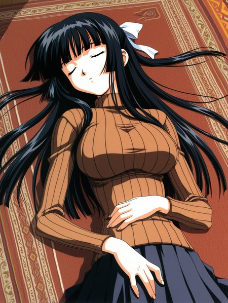 1girl, large breasts, (skinny:1.2), black hair, blunt bangs, long hair, 2000s \(style\), 
hair ribbon, brown sweater, ribbed sweater, pleated skirt, sleeping, carpet, upper body
 ,masterpiece,best quality,amazing quality,