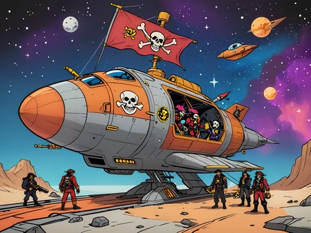 space pirates boarding a spaceship, jolly roger ,   vivid colors, flat colors    <lora:extremely_detailed:-1> <lora:Cartoon_SDXL_V2-fixed:0.8>cartoon <lora:MJ52:0.2>
