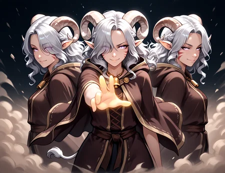 <lora:Mirror_Image:0.7> Mirror_Image:1.6,  dynamic pose, anime, smile,  blurry body, looking at viewer, 3 girls, transparent, spinning wind,  from side,  (((transparent body, glowing body))),  dust cloud,, masterpiece, tiefling, tail, anime,  pointy ears, tiefling, silver hair, ivory sheep horn,
<lora:whisker_markings:0.8>red whisker_markings:1.7, silver long wavy hair, bell necklace, short pointy ears, purple eyes, tiefling_bard_diana:1.2,   hair over one eye, braid, <lora:Tiefling_bard_Diana_ILXL:1>  cloak, 
cow tail:1.4,