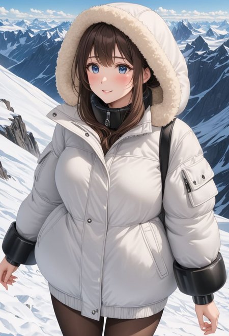 ((((white Oversized shearling down jacket)))), ((((white Oversized shearling puffer jacket)))), ((((white Oversized shearling winter clothes)))), ((((very very cold, in cold)))), ((((semi-realistic)))), ((((puffer hood)))), ((medium knee office skirt, pantyhose, boots)), ((((full length shot)))), ((sharp eyelid, eyeliner, eyelashes, beautiful detailed eyes, tsurime, long messy brown hair, blue eyes, perfect anatomy)), detailed fingers, solo, smile, standing, icefield, ((((masterpiece)))), ((((best quality)))), ((intricate details)), RAW, 8K UHD, (1girl), office lady, detailed face, beautiful face, charming, bonny, (((blush))), (((heavy breathing))), (((feels orgasm))), wind, (Thick padded collar:1.4), (TSH:1.4), (Thick padded cuffs:1.4)
