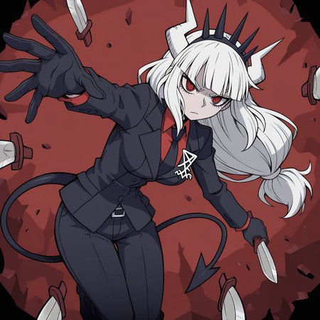 masterpiece, best quality, newest, absurdres, highres, anime, anime style, KFV1.0, knife, throwing, throw, throwing knife, 1girl, lucifer \(helltaker\), black suit, red necktie, black collared shirt, black gloves, blunt bangs, demon horns, demon girl, demon tail, red eyes, white hair, long hair, holding, holding knife, holding weapon, weapon,