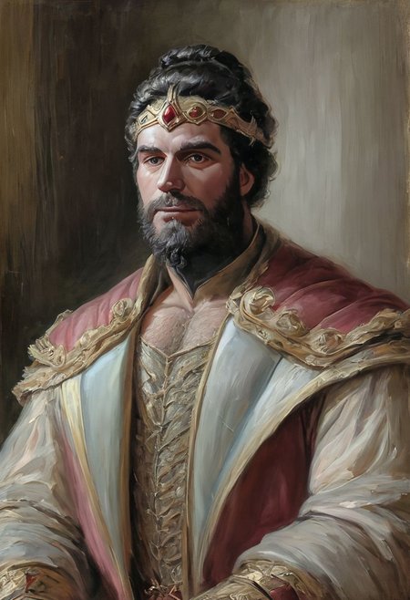 score_9, score_8_up, score_7_up, 
(human), king, huge muscles, painting texture, royal mantle, hairy chest, beard, stern expression, fully clothed, heavy male, dark hair, 1male, chiaroscuro, portraiture, (detailed face),
<lora:Faux Oil Painting Soft Style LoRA_Pony XL v6:0.7>