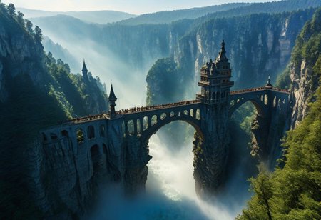 towers ringed in mist, sunrays, mixed media, surrealism, fantasy, great lighting, A surreal landscape highly detailed, extremely high-resolution details, appears trapped in an optical illusion of reflections and refractions colorful, Zhangjiajie mountains,  Vienna in contemporary Austria, stone bridges, winding rivers extending to the horizon, professional photography, natural lighting, volumetric lighting maximalist. vivid, vibrant colors, intricately detailed, complex, elegant, expansive, fantastical, film photography style, medium grain, cmnt
 (8k uhd:1,4)