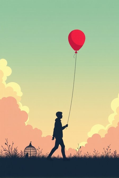A silhouette of a person walking away from a birdcage, holding a string attached to a single red balloon, against a pastel sky with clouds, minimalist style, vector illustration -- The Price of Freedom
aidmafluxpro1.1,Fantasy detailersâââ