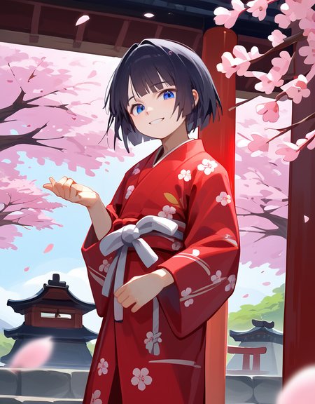 zPDXL2,  <lora:YadokugaeruV1:1>, yad0kug4eru, yadokugaeru, 
1boy, long black hair, smiling, looking at the viewer, cute face, detailed eyes, blue eyes, red flowery yukata, standing under a cherry blossoms tree, japanese shrine in the background