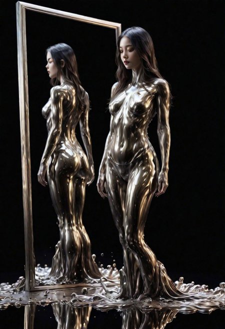 (masterpiece,best quality,ultra-detailed,best illustration:1.3), 1woman, melting, smooth shiny full length metal body, reflection mirror finish, shiny, smooth liquid metal long hair, simple black background