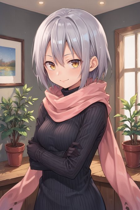score_9, score_8_up, score_7_up, score_6_up, source_anime, BREAK, <lora:Zilva:0.65> , zildef, 1girl, short hair, grey hair, yellow eyes, scarf, pink scarf, (sweater dress), bodysuit under clothes,  black gloves, looking at viewer, standing, cowboy shot, smile, closed mouth, indoors, living room, plants, clutter, <lora:g4l4xyXLP:0.5> , g4l4xy, galaxy, <lora:zy_Detailed_Backgrounds_v1:0.6> , detailed background, highly detailed,