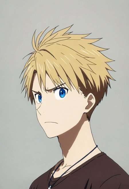 high resolution, solo, best quality, 1Boy, Yamato Ishida, Blond Hair, Blue Eyes, Necklace, potrait, dark shirt, looking at viewer, focused gaze forward, simple background, straight body, upper body, head upright, confusion, OverallDetail