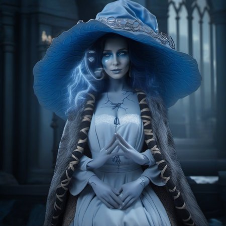 cinematic photo a full body woman with blue skin, winks, extra faces, wears a hat, extra arms, cracked skin, dress, cloak  <lora:Ranni1024:0.9> . 35mm photograph, film, bokeh, professional, 4k, highly detailed