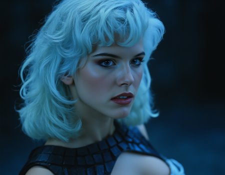 dark fantasy aesthetic. , 
Zev Bellinger, a woman with light blue hair.   in the style of cksc, Endless black space, black mirrored floor.
 (Close view, three-quarter portrait, Facing us),


fashion photography,(full body:1), Endless black space, black mirrored floor.
(( Elsa, Frozen, sexy pose, cropped white hair)), tall woman, sexy, sensuality, high end clothing, dynamic pose, bdsm props, small breasts, wide hips, igiex. (gothic style). The background is minimalist, a gradient of shadowy blue tones, amplifying the ethereal and futuristic ambiance of the scene. The overall composition feels cinematic,  . . (Depth of field), low saturation,detail. ,,. masterpiece, best quality, medium-format camera, high-contrast, dramatic lighting, striking composition, ,,. masterpiece, best quality, . mythp0rt, charismatic., ,,. masterpiece, best quality, dramatic lighting,. 
.
. mythp0rt, Stylish, charismatic.. ArsMovieStill, 80s Fantasy Movie Still,


 (Depth of field), low saturation,detail. mythp0rt Stylish, charismatic. 

(depth of field)
mythp0rt,
nigiex.  
