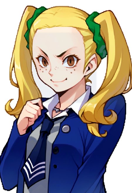 score_9, score_8_up, score_7_up, source_anime, BREAK, solo, 1girl, smile, looking at viewer,  <lora:zs_DevilSurvivorPortraitsXL:1>, devilsurvivorportraits, portraits, white background, <lora:Ayase-pdxl_Fp:0.9>, ayasep1, twintails, blonde hair, brown eyes, freckles, scrunchie, school uniform, necktie, blue jacket, closed mouth,