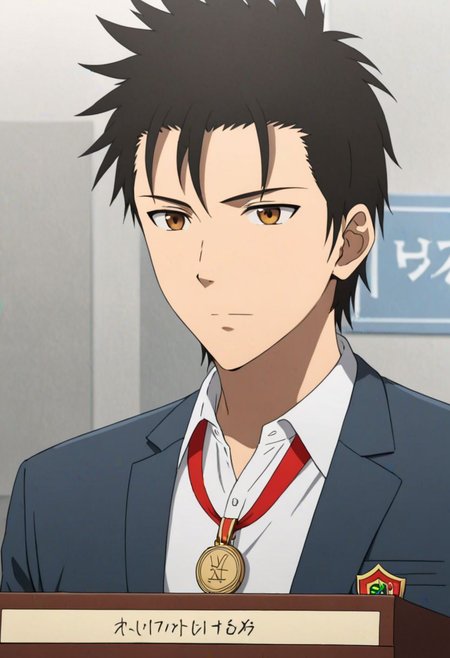 Highres, Masterpiece, High Quality, 4K, 8K, solo, 1Boy, Soujirou Agata, brown eyes, black hair, smart, 1st place, podium, winner, game, competition, easynegative, detailed_eye_model