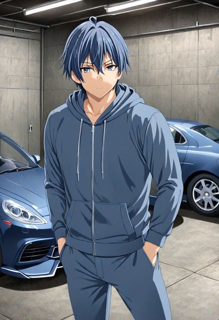 high resolution, solo, best quality, 1Boy, Tomoya Okazaki, Grey Blue Hair, lounge suit, hoodie, car garage, OverallDetail