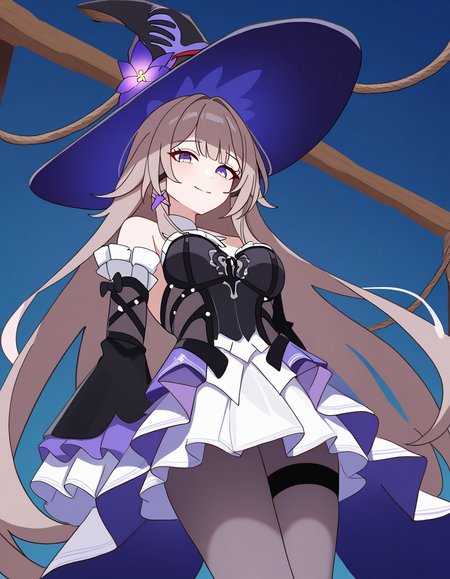 masterpiece, best quality, newest, absurdres, highres, safe,, <lora:the-herta-illustriousxl-lora-nochekaiser:1>, the herta, the herta (honkai: star rail), brown hair, long hair, purple eyes, medium breasts,, bare shoulders, black dress, black hat, detached sleeves, hat, hat flower, hat ornament, long sleeves, pantyhose, witch hat, rope bridge, wood, rope, suspension, height, , smile, looking at viewer, solo,, cowboy shot, solo
